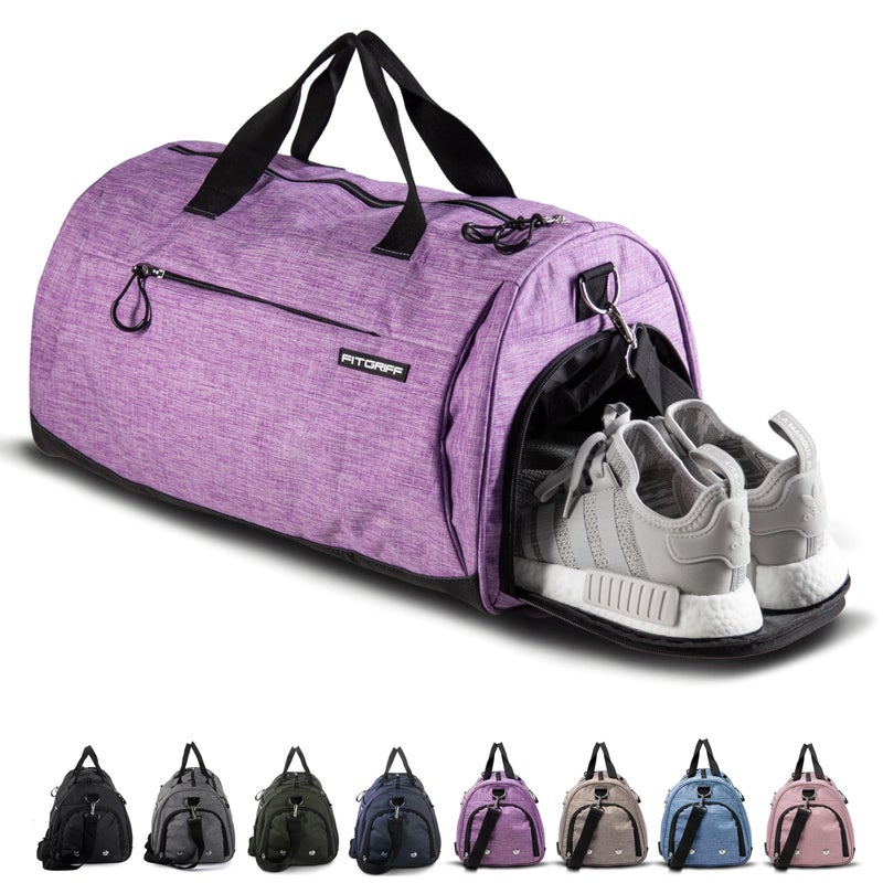 FitgriffÂ® Gym Bag for Men & Women with Shoe & Wet Compartment - Duffle Bag for Travel, Sports, Fitness & Workout (Purple, 19 x 10 x 10â€³ (Small)) - Image 1